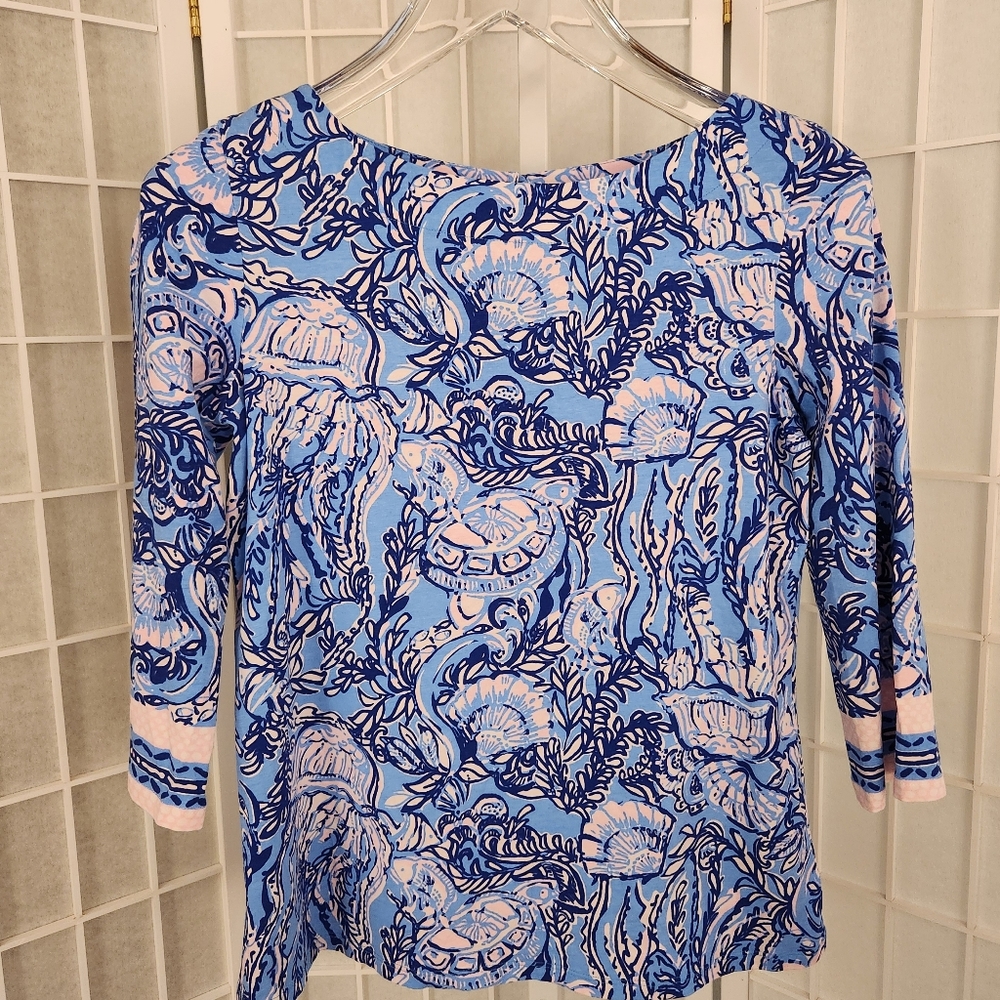 Lilly Pulitzer small Waverly top in blue and pastel pink aquatic print